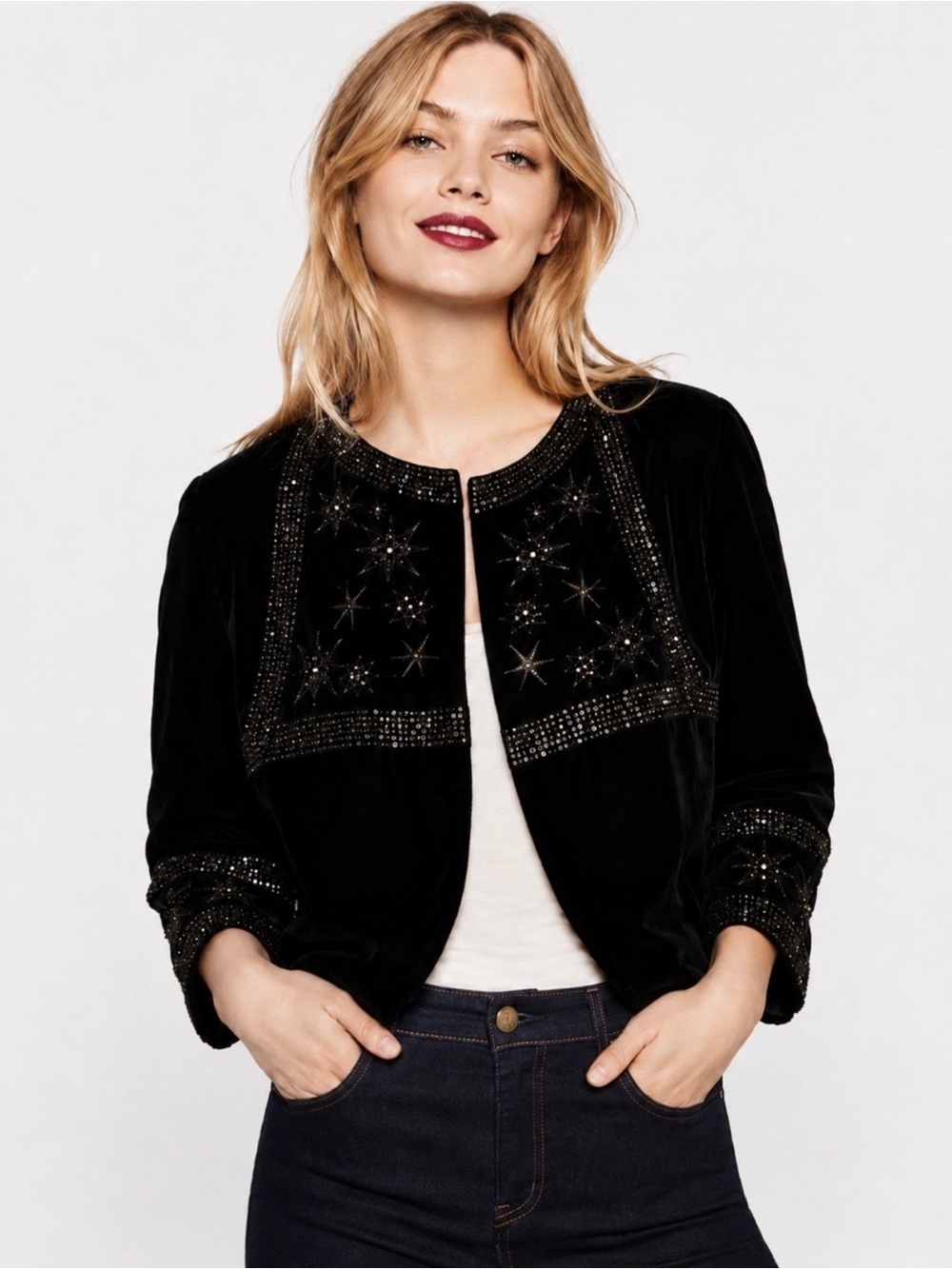 Zara Black Velvet Embellished Star Kimono Top Jacket Sequin Beaded S